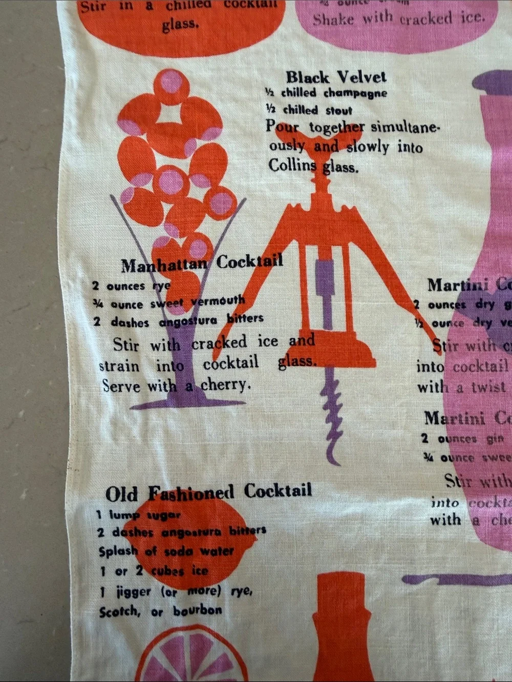 Vintage Luther Travis Cocktail Recipe Kitchen Tea Towel MCM - Pink Orange Purple